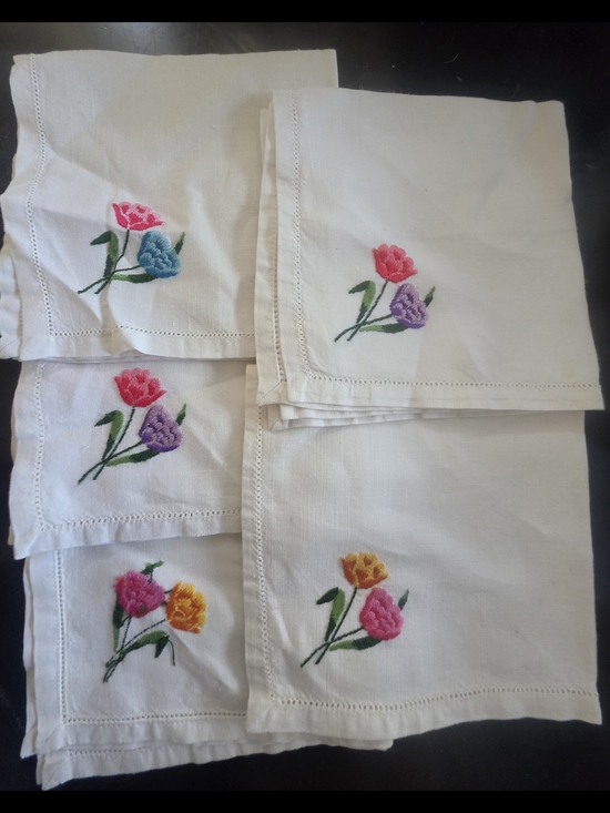 Source Unknown Other - Embroidered Floral Cotton Napkins - White with Pink, Purple, Yellow Accents